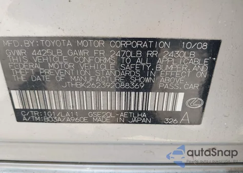 2009 Lexus Is 250 z USA, uszkodzony, nr VIN JTHBK262392088369